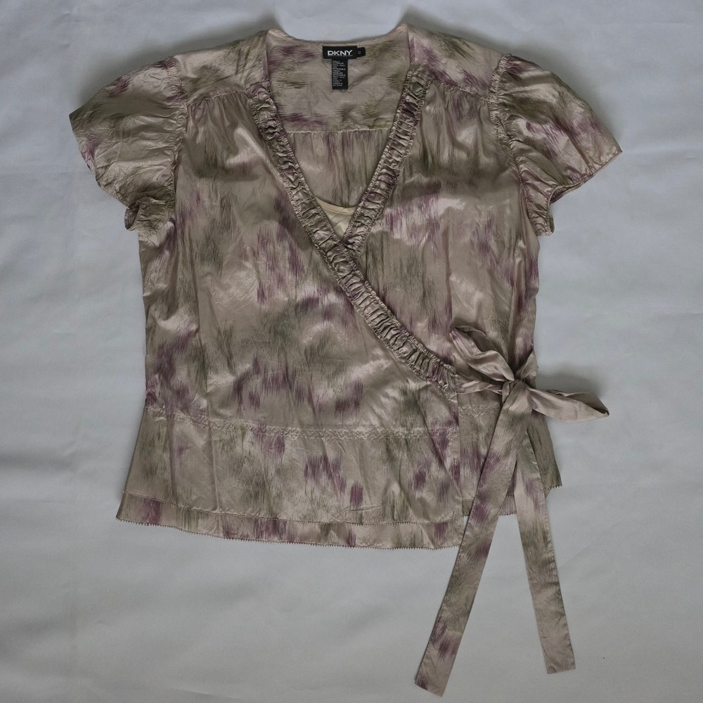 DKNY Donna Karan New York 100% Silk Abstract Print Wrap Blouse Women's Size 12 - Picture 2 of 12